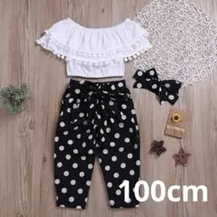 韓国 子供 フリル付き ドット柄 セットアップ 100cm ホワイト ブラック