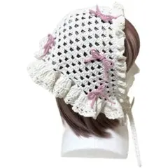 7つのリボンを纏う、フリルバブーシュカ　ホワイト×ピンク　ヘッドドレス