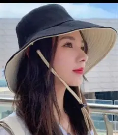 あご紐付き レディースバケットハット 黒✕ベージュ リバーシブル帽子