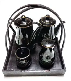 調味料・香辛料入れセット 陶器 和風 木製の籠付き ワケアリ