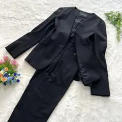 【美品】グリーンレーベルリラクシング ノーカラースーツ セットアップ 黒 40