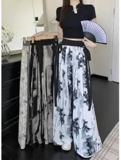 ワイドパンツ ストレート　レディース M　水墨画風　 大人可愛い