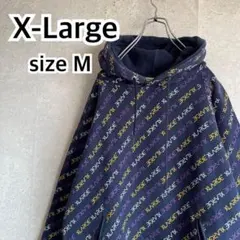 X-LARGE 総柄 スウェットパーカー エクストララージ 紺色 ネイビー M