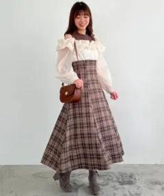 マジェスティックレゴン　ウエストきゅっとミルフィーユワンピ ブラウン柄 M