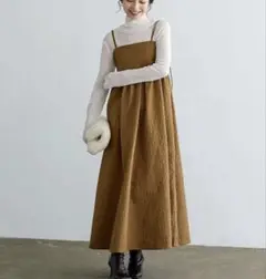 【美品】ジャガード花　ブラウンキャミソールロングワンピース