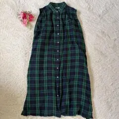 fog linen workワンピースリトアニア製　麻　ドレスグリーン×ネイビー