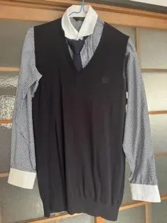 黒 Vネックニットベスト チェックシャツセット