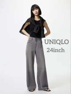 【美品】UNIQLO ユニクロ ドレープワイドフレアジーンズ デニム 24グレー