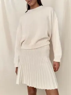 【ZARA】プリーツ ラスティック ニット スカート エクリュ リブ 膝丈 M