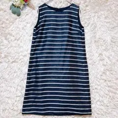 美品【イネド INED】(7 S)ノースリーブワンピ 麻混 ボーダー 紺 通勤のサムネイル