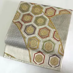 値下げ★ 正絹　袋帯　亀甲花文　扇面　六通柄　リメイク　稽古用　O-106
