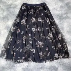 GLACIER【L】ミモレ丈チュールスカート　ダークネイビー　花柄　大きいサイズ