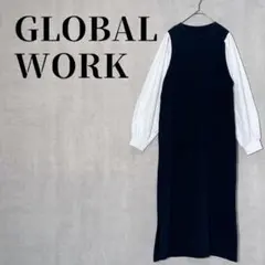 グローバルワーク　袖布帛ドッキングワンピース　ボリュームスリーブ　ロング丈　F