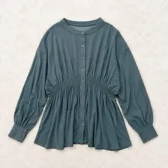 ✨美品✨ レトロガール マイクロコールシャーリングシャツ グリーン バンドカラーのサムネイル