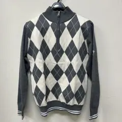 Comon Golfグレーとアイボリーのダイヤモンドセーター ハーフジップ　M