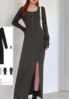 スクエアネックスリットリブニットロングワンピース[k9273d]