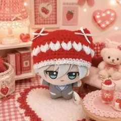 ちびぐるみ ぬい服 ぷっくりハート 猫耳ニット帽 赤×白 編み物
