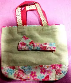 ハンドメイド ミニトートバッグ 和柄 桜 蝶 リボン レース ピンク