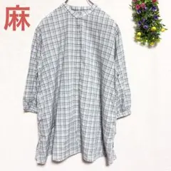スタジオクリップ【L】麻混七分袖ブラウス チェック柄 バンドカラー シースルー