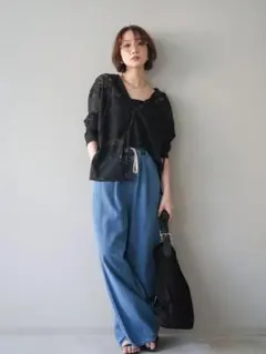 ドロストワイドデニムパンツ ライトオンスデニムルーズパンツ ブルー Lumier