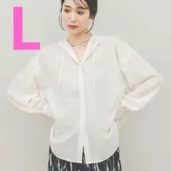 新品 GLOBAL WORK UVプロテクト フード シャツ オフホワイト Ｌのサムネイル