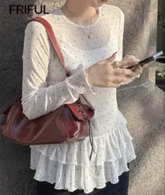 SHEIN FRIFUL 長袖 フリルヘム ブラウス　ドットのサムネイル