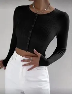 SHEIN ブラックリブ編み長袖カーディガン