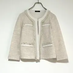 n0893【コムサイズム】ノーカラージャケット ツイード フリンジ 日本製