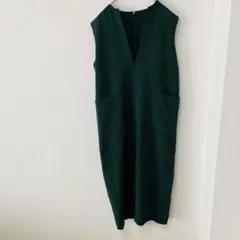 ダークグリーン Vネック ノースリーブ ワンピース