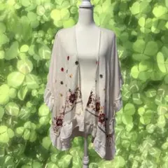 森ガール ヒッピー 花刺繍カーディガン 白