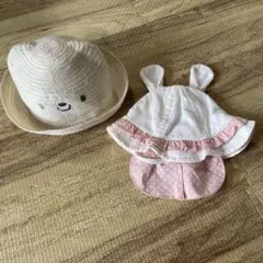 ウサギの耳付きベビー帽子　麦わら帽子風