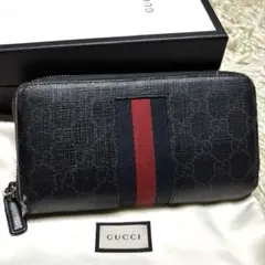GUCCI ラウンドジップ 長財布 GGスプリーム ニューウェブ シェリーライン