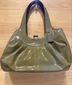 【難あり】COACH コーチ グレー ショルダーバッグ パテントレザー がま口