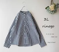 新品値引　春３Ｌ黒白ギンガムチェック長袖バンドカラーブラウス　大きいサイズ