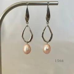 バロック淡水パール・天然色ピーチ＆雫　ピアス　サージカルステンレス　結婚式