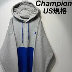 【US規格】希少サイズ Champion 刺繍ロゴ 裏起毛 パーカー 青 3XL