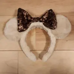 ミッキー耳 ベージュカチューシャ ブラウンリボン