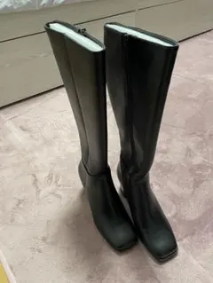 GRLスクエアトゥロングブーツ ブラック中ヒール24.5cm