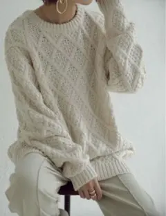 タグ付 ケーブル編みニット ビックサイズ オフホワイト
