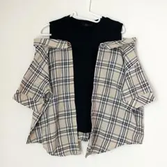 レディース　Tシャツ　シャツ　M オフショルダー　黒　ベージュ　チェック柄　春