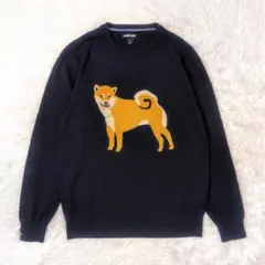 ランズエンド　長袖ニット　柴犬柄　紺色　アニマル　ネイビー　ウール　クルーネックのサムネイル