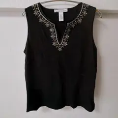 ジョーンズニューヨーク ベスト Vネック 刺繍 オールド L 黒 綿 お出かけ