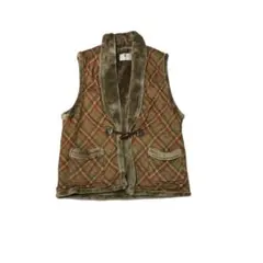 裏ボア あったか チェック柄ロングベスト M 秋冬 ワコール製