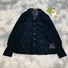 WOMEN ウーマン (M) 長袖 シャツ 花柄レース 前ボタン ネイビー