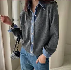 【大人気】即完売　デニム ボタンニットカーディガン チャコール 秋冬 レディース