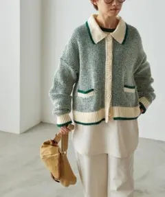 forksy. ジャガードニット襟付きカーディガン