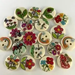 新品未使用　ウッドボタン　木のボタン　レトロなお花イラスト　20個　15mm