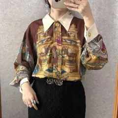ヴィンテージ レトロ古着 総柄オーバーサイズシャツ 宮殿柄 ヨーロピアン 茶系