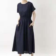 美品✨grove　バックボタンフレンチスリーブワンピース　ウエストゴム　リネン混のサムネイル