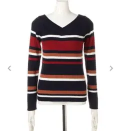 NGNI(イング) マルチボーダーリブオフショルVネックニット